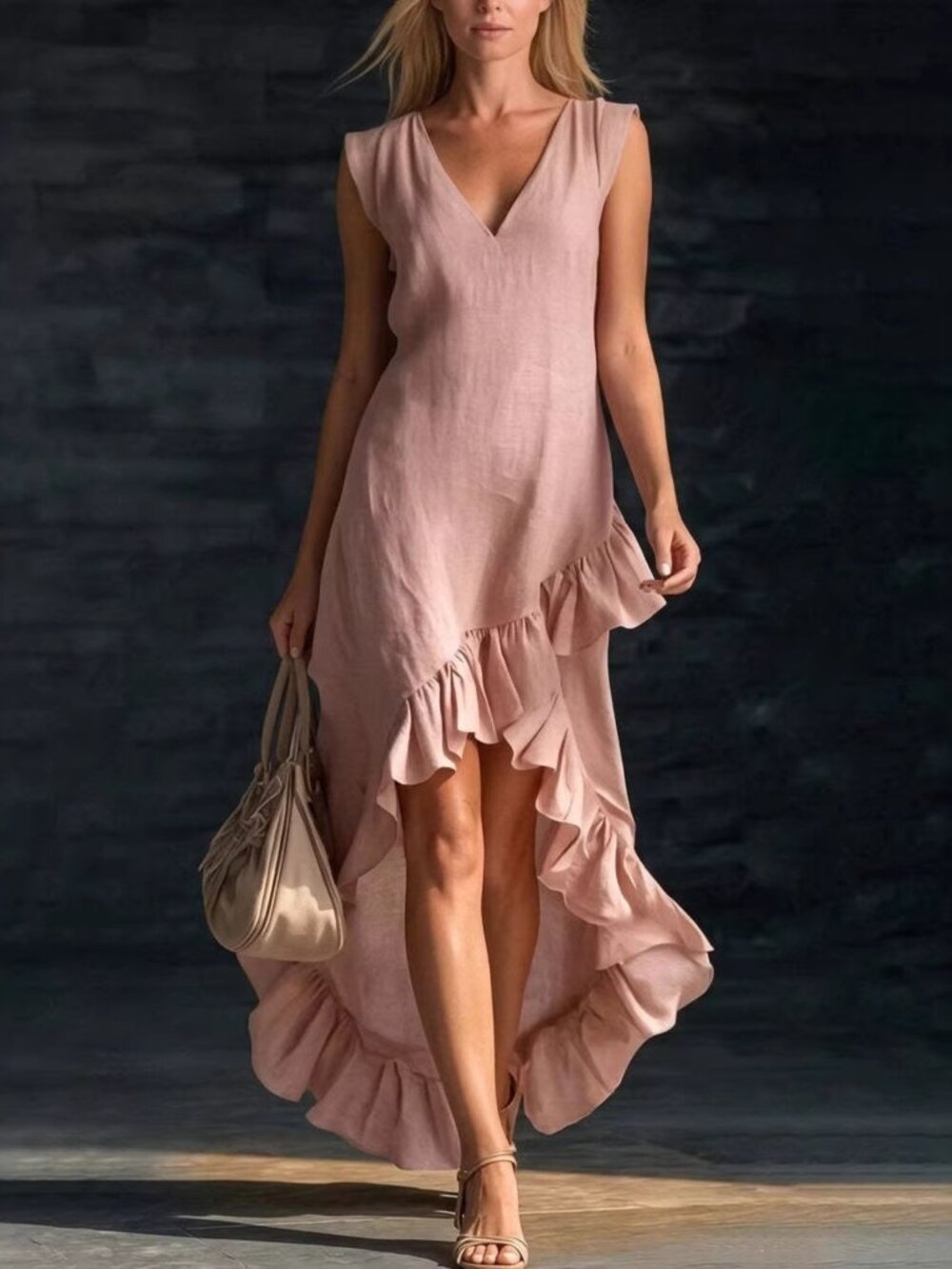 Ruffled Asymmetrical Hem V-Neck Sleeveless Dress